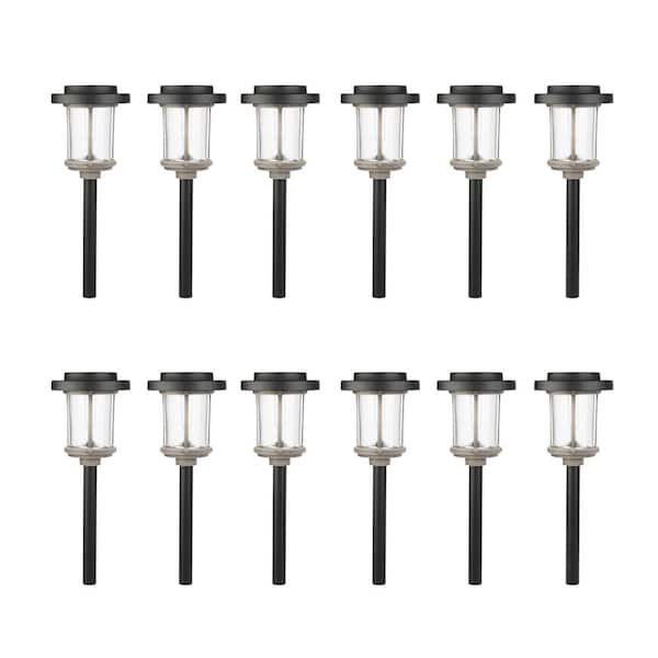 Hampton Bay 20 Lumens Solar 2-Tone Black and Gray Diecast LED Landscape Path Light with Seedy Glass and Vintage Bulb (12-Pack)