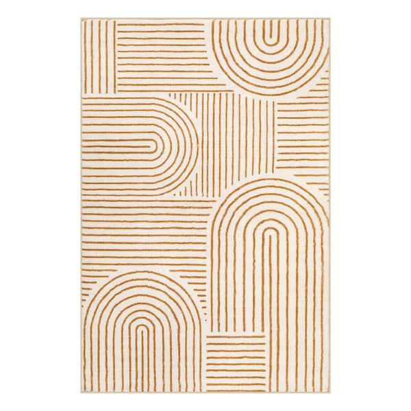 Abstract Rainbow Striped Washable Non-Slip Beige 4 ft. x 6 ft. Living Room Bedroom Area Rug