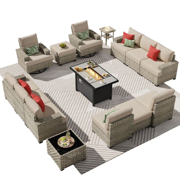 Verdantia 15 Pieces Wicker Rectangular Fire Pit Sets and Swivel Rocking Chairs with Beige Cushion