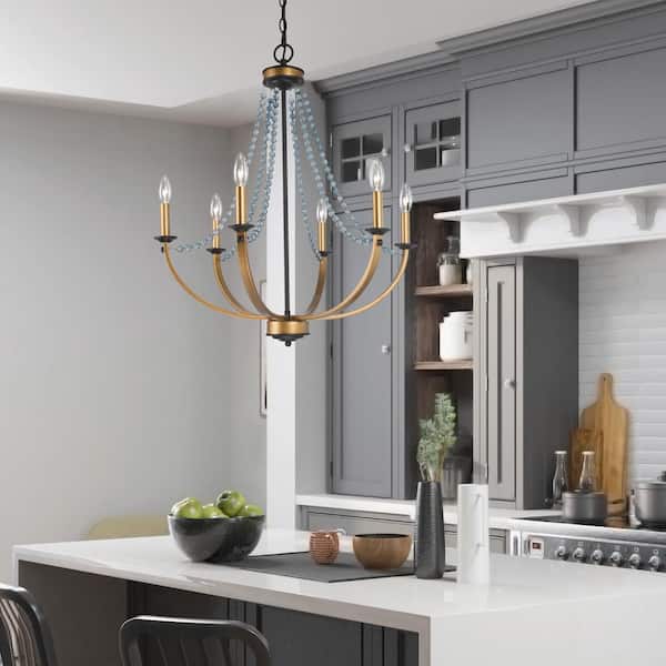 Modern Dining Room Chandelier 6-Light Brushed Gold Candlestick Chandelier with Crystal Beads