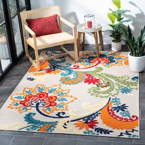 Cabana Ivory/Blue 7 ft. x 7 ft. Floral Scroll Indoor/Outdoor Patio  Square Area Rug