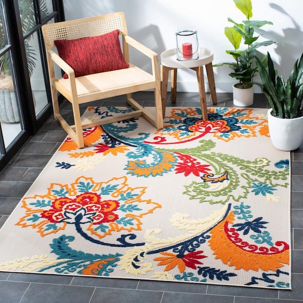 Cabana Ivory/Blue 7 ft. x 7 ft. Floral Scroll Indoor/Outdoor Patio  Square Area Rug