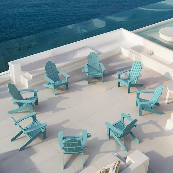 LUE BONA Recycled Lake Blue HDPS Folding Plastic Adirondack Chair Weather Resistant Patio Plastic Fire Pit Chairs(Set of 8)