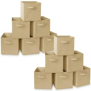 Beige 11 in. x 11 in. Fabric Collapsible Cubes Decorative Basket Storage Bins-Set of 12