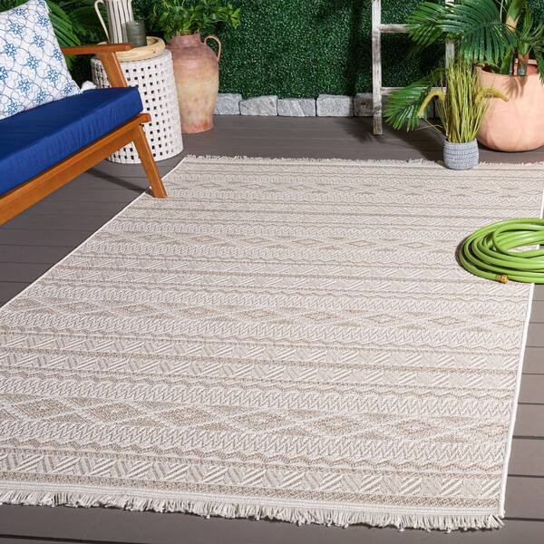 Wicker 9 ft. x 12 ft. Ivory/Beige Geometric Striped Indoor/Outdoor Area Rug