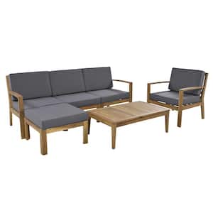 6-Piece Wood Outdoor Sectional Sofa Set with Coffee Table and Gray Cushions