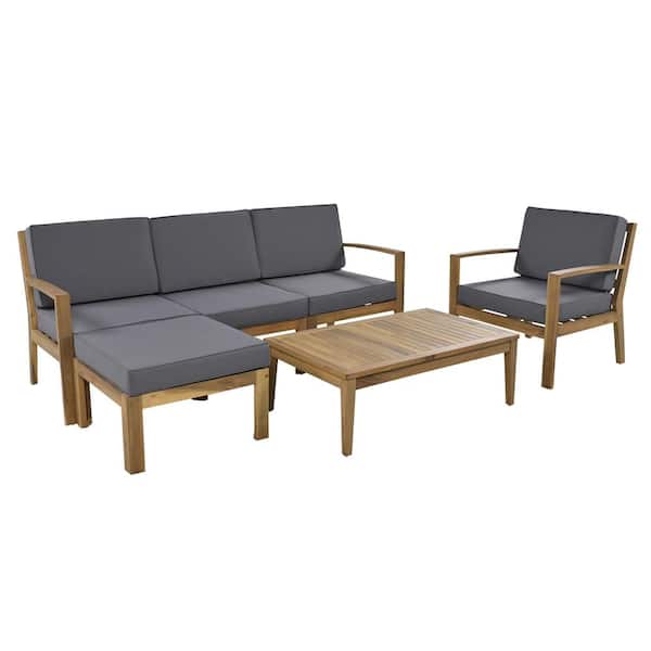 Nestfair 6-Piece Wood Outdoor Sectional Sofa Set with Coffee Table and Gray Cushions
