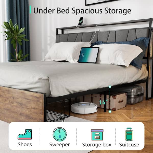 Rustic Brown Wood Frame Queen Platform Bed with 2 Storage Drawers, Built in Charging Station & LED, Outlets & USB