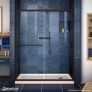 Infinity-Z 30 in. x 60 in. Semi-Frameless Sliding Shower Door in Oil Rubbed Bronze with Right Drain Base in Biscuit