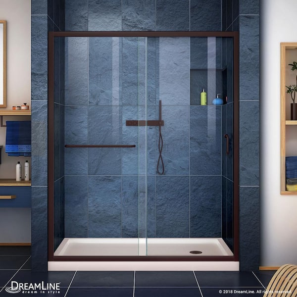 DreamLine Infinity-Z 30 in. x 60 in. Semi-Frameless Sliding Shower Door in Oil Rubbed Bronze with Right Drain Base in Biscuit