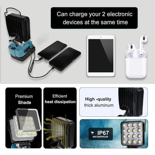 48-Watt 18-Volt 3400 Lumen LED Work Light Flashlight with USB Charging, Portable Flood Light, Cordless