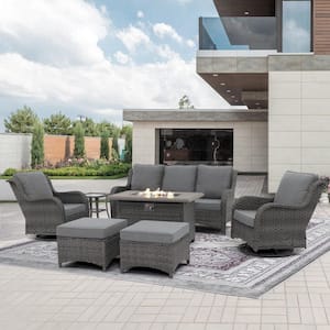 7-Piece Grey Wicker Outdoor Patio Conversation Sofa Set with Fire Pit Table, Swivel Rocking Chairs, Grey Cushions