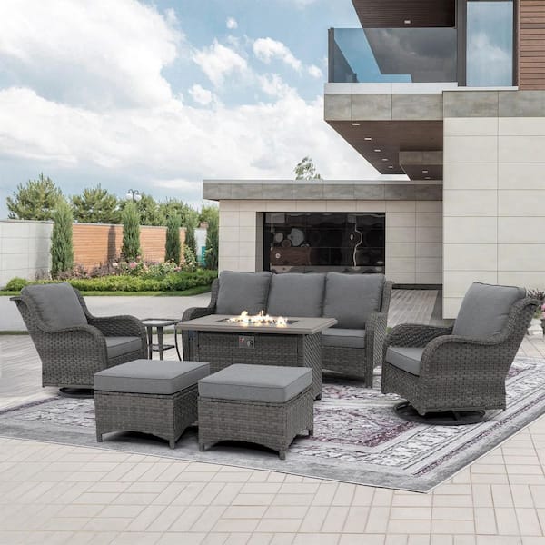 Freestyle 7-Piece Grey Wicker Outdoor Patio Conversation Sofa Set with Fire Pit Table, Swivel Rocking Chairs, Grey Cushions