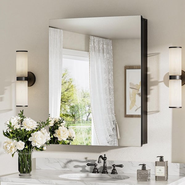 KeonJinn 20 in. W x 26 in. H Rectangular Frameless Aluminum Black Recessed or Surface Mount Medicine Cabinet with Mirror