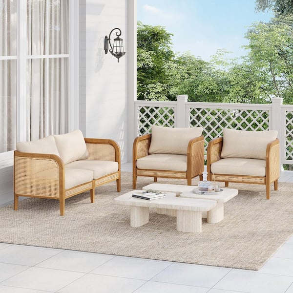 Andrew 3-Piece Faux Rattan and Solid Wood Outdoor Patio Conversation Seating Set with Beige Cushions, Teak