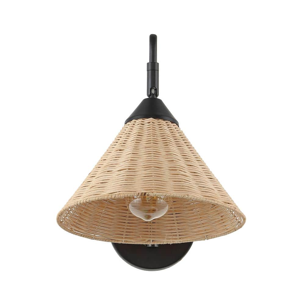 Black Iron Swing Arm Sconce with Natural Woven Shade