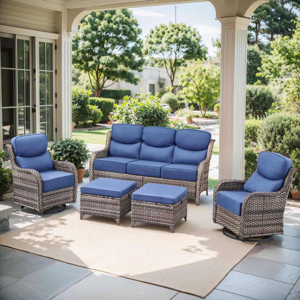 Nova Swivel Gray Wicker Outdoor Lounge Chair Patio Conversation Swivel Chair Set with 6 in. Thicked Blue Cushions price history on PriceWatchPro