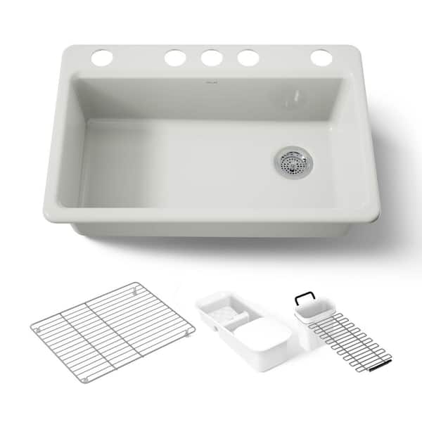 Riverby Undermount Cast-Iron 33 in. 5-Hole Single Bowl Kitchen Sink Kit with Accessories in Dune