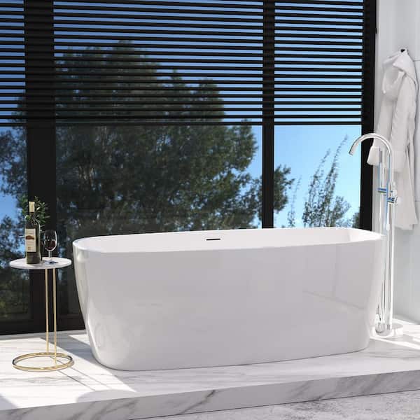 INSTER 59 in. Acrylic Freestanding Flatbottom Soaking Tub Non-Whirlpool Bathtub in White Included Center Drain