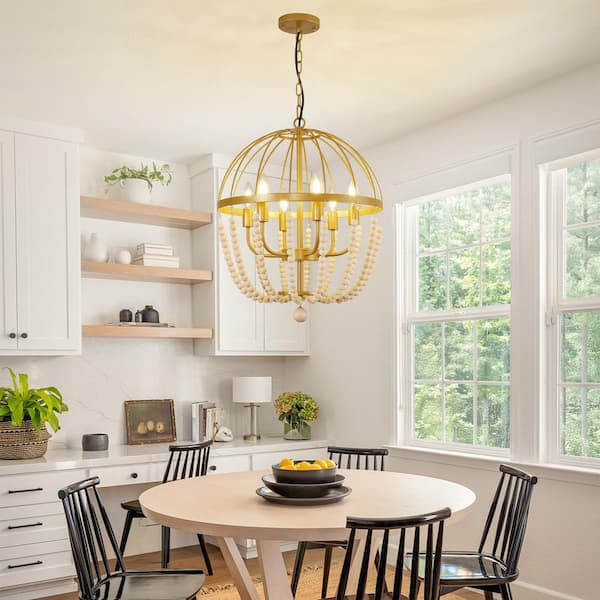 18 in. 6-Light Antique Rustic Gold Bohemia Wood Beaded Chandelier for Dining Room, Living Room, Kitchen Island
