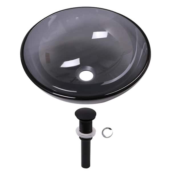 14 in. Above Round Bathroom Glass Vessel Sink Bowl in Gray with Drain