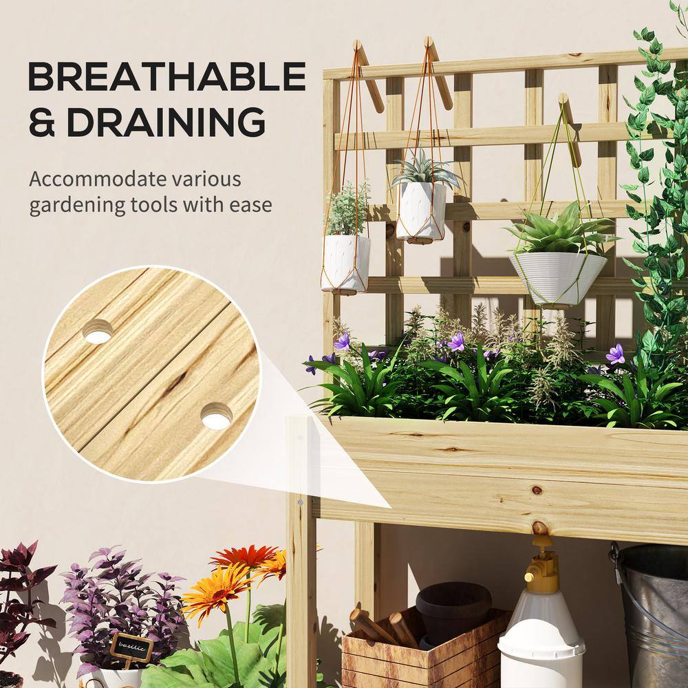 Natural Fir Wood Raised Planter Box with Trellis and Storage Shelf