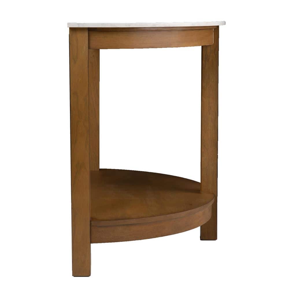 White and Natural Faux Marble Demilune Console Table with Storage