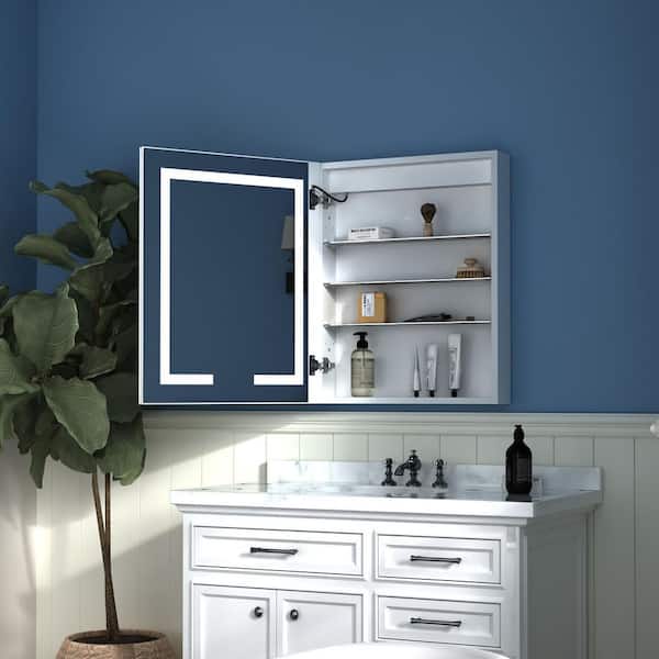 Boost-M1 44 W x 30 H Light Medicine Cabinet Recessed or Surface Mount Aluminum Adjustable Shelves Vanity Mirror Cabinet