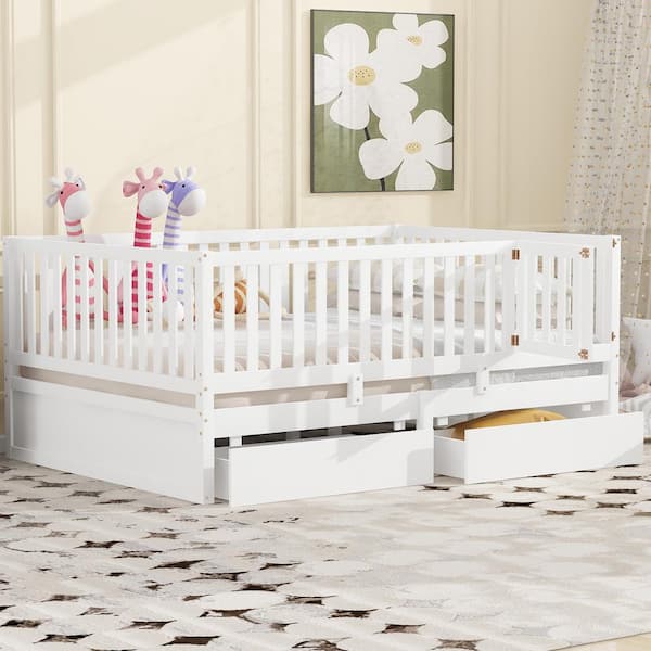 Qualler White Full Size Daybed with Detachable Fence and 2-Drawers