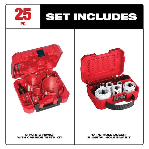 BIG HAWG Carbide Hole Saw Kit (8-Piece) & Hole Dozer Gen Purpose Bi-Metal Hole Saw Set (17-Piece)