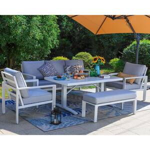 White 5-Piece Aluminum Outdoor Furniture Patio Conversation Set with Light Grey Cushions