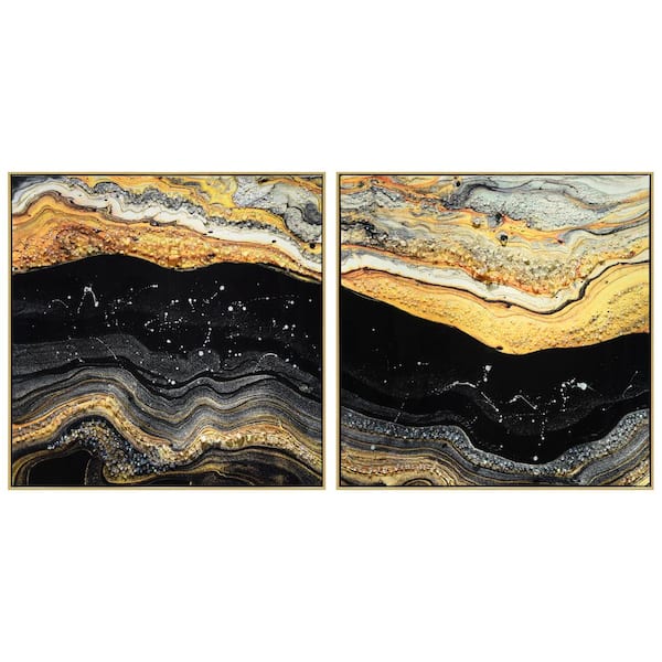 "Golden"Crystallus Epoxy Coated Framed Glossy Abstract Canvas Wall Art Sets with Acrylic Crystal Shards, 36 in. x 36 in.