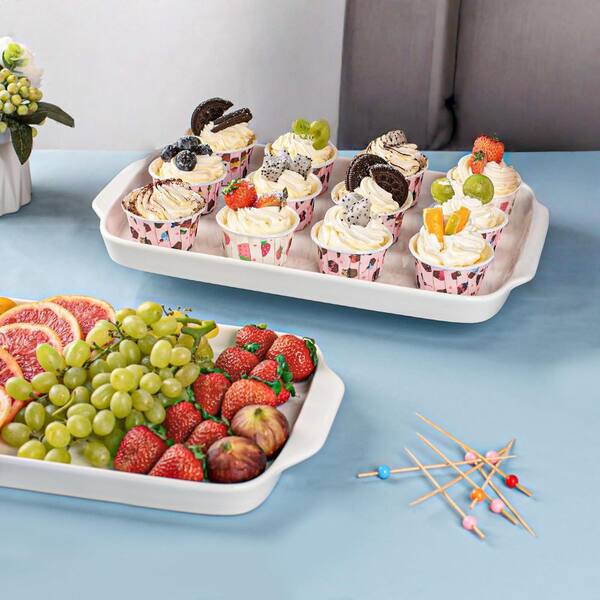 Numhew 16 in. x 9 in. White Ceramic Rectangular Platter (Set of 3