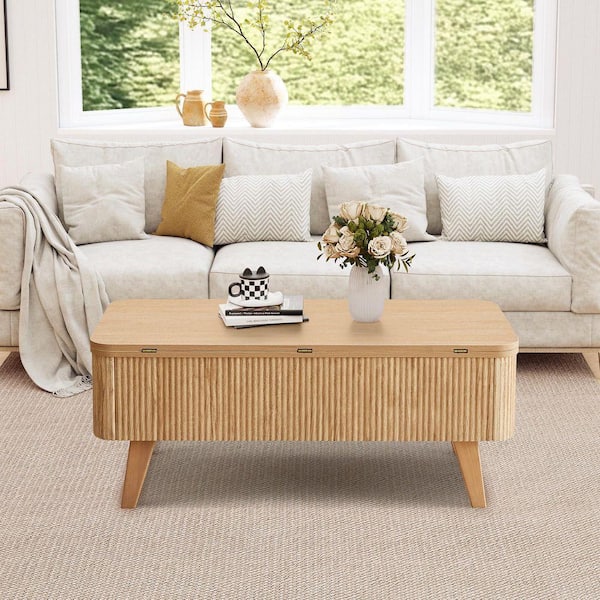 ATHMILE 42. 91in. L Natural Oval MDF Coffee Table With Built-in