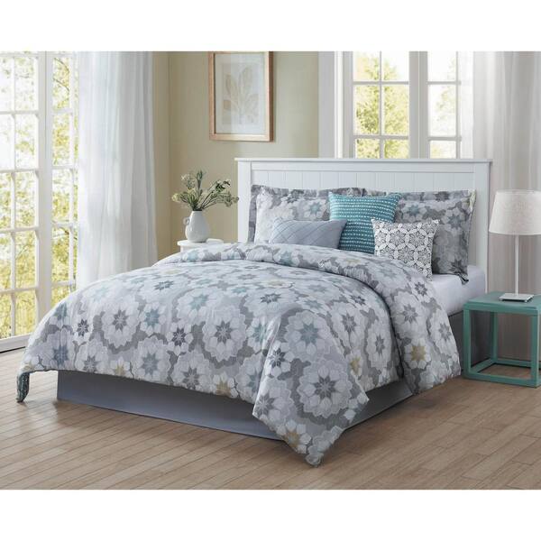 Unbranded Splendid 7-Piece Blue/Grey/White/Black/Gold King Comforter Set