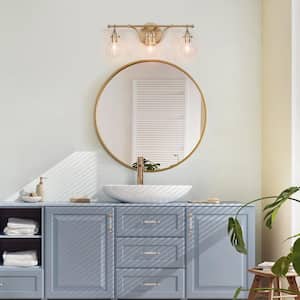 Modern 21 in. 3-Light Brass Gold Bath Vanity Light with Globe Clear Glass Shade Wall Sconce, LED Compatible