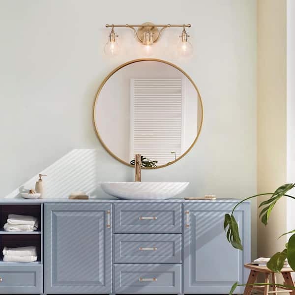 Modern 20 in. 3-Light Brass Gold Bath Vanity Light with Globe Clear Glass Shade Powder Room Wall Sconce, LED Compatible