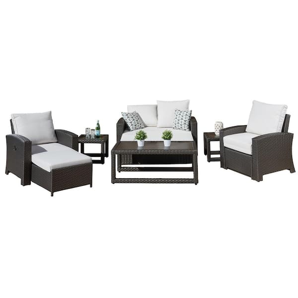 Mondawe Mongue 6-Piece Rattan Wicker Patio Conversation Set Sofa Recliner Lounge Chairs with Gray Cushions, Coffee Table
