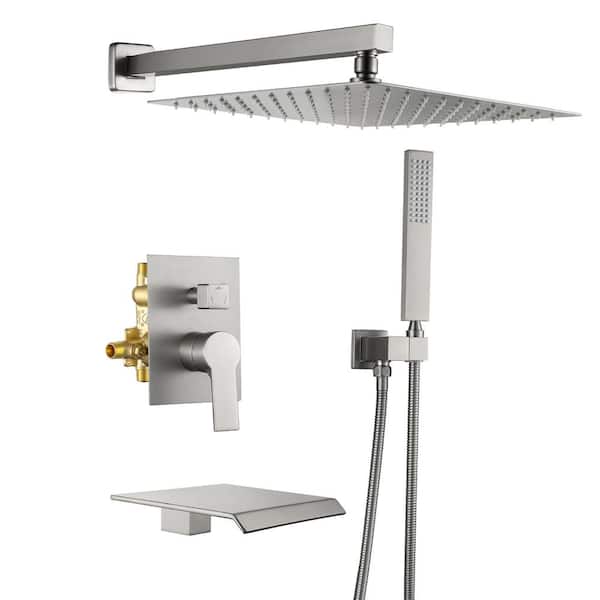 FORCLOVER Single Handle 1-Spray Shower Faucet 2.4 GPM with Waterfall 12 in. Square Shower Head in Brushed Nickel