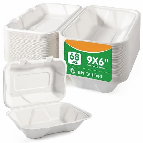 68-Pack Compostable Heavy-Duty Clamshell Takeout Food Containers, White Bagasse Lunch Boxes