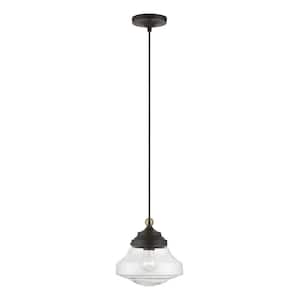 Avondale 1-Light Bronze Island Mini Pendant with Antique Brass Accent with Clear Glass