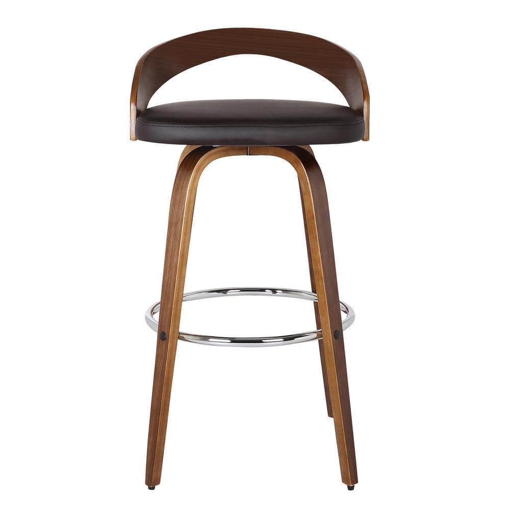 Walnut Wood Finish Swivel Counter Stool with Brown Faux Leather