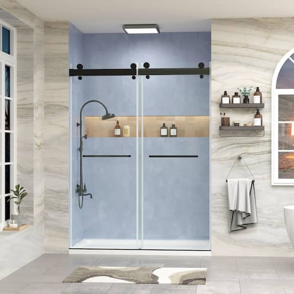 69-72 in. W x 78 in. H Sliding Frameless Shower Door in Matte Black Finish with Tempered Glass with Soft-Closing System