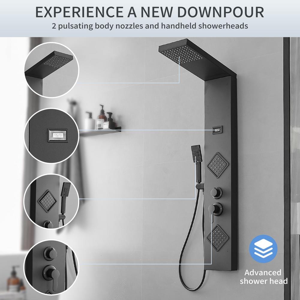 Matte Black 47" Shower Panel System with Rainfall Shower Head and Body Jets