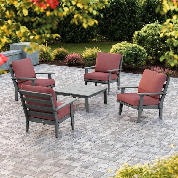 POLYWOOD Grant Park 5-Piece Slate Grey Plastic Conversation Set With Silver Garnet Cushions