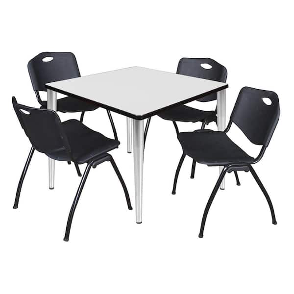 Regency Trueno 42 in. Square White and Chrome Wood Breakroom Table and 4-Black 'M' Stack Chairs (Seats 4)
