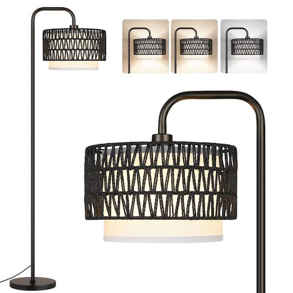 68 in. Black Paint Boho Standing Lamp, 1-Bulb Remote 3-Color Temp Arc Floor Lamp for Bedroom with Rattan Fabric Shades