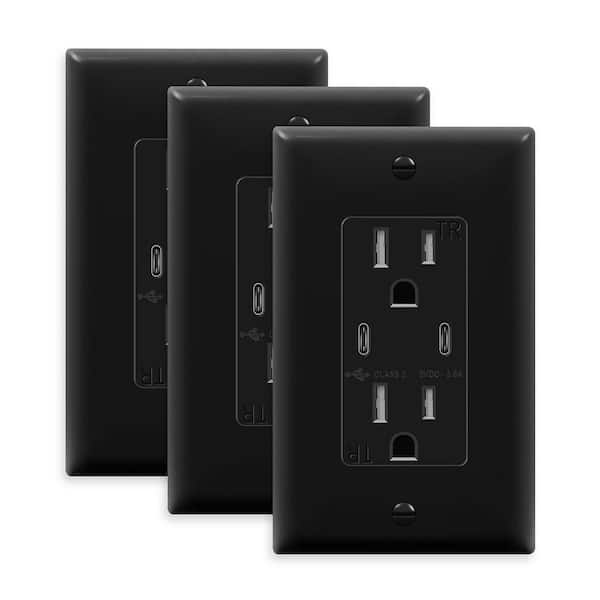 TOPGREENER 15 Amp Tamper-Resistant Decorator Duplex Receptacle 2-Port 3.6A USB C Wall Outlet, Black (3-Pack)