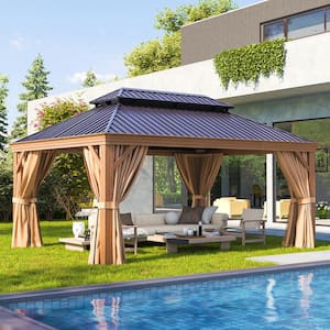 16 ft. x 12 ft. Wood Grain Double Galvanized Steel Roof Hardtop Gazabo with Ceiling Hook, Curtains and Netting