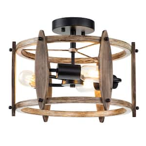 13.38 in. 3-Light Black Retro Farmhouse Cage Semi-Flush Mount Ceiling Light with Wood Shade